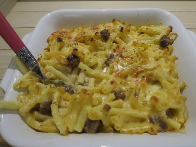 Gratin de macaroni au reblochon et merguez