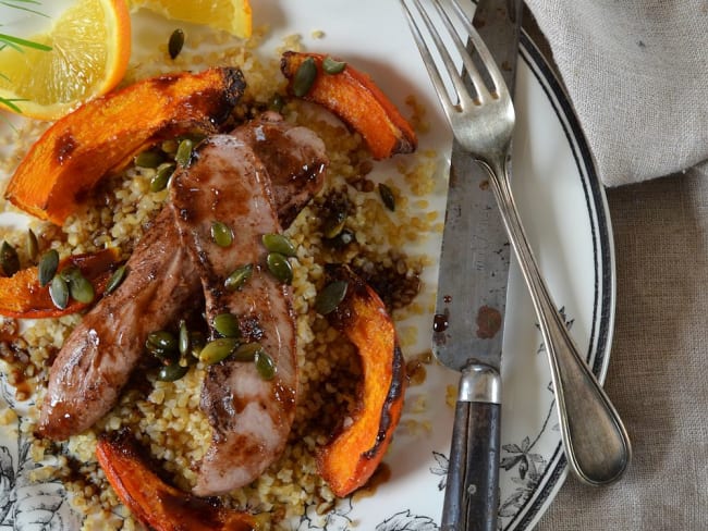 Aiguillettes de canard à l'orange, balsamique et courge rôtie