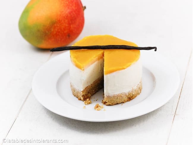 Cheesecake vanille mangue sans gluten, sans lactose, avec ou sans sucre