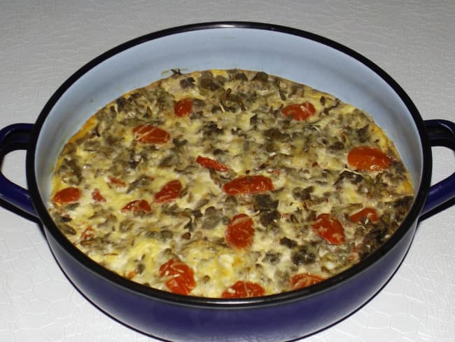 Clafoutis tomates cerise, bourgeons et jeunes feuilles de ronce