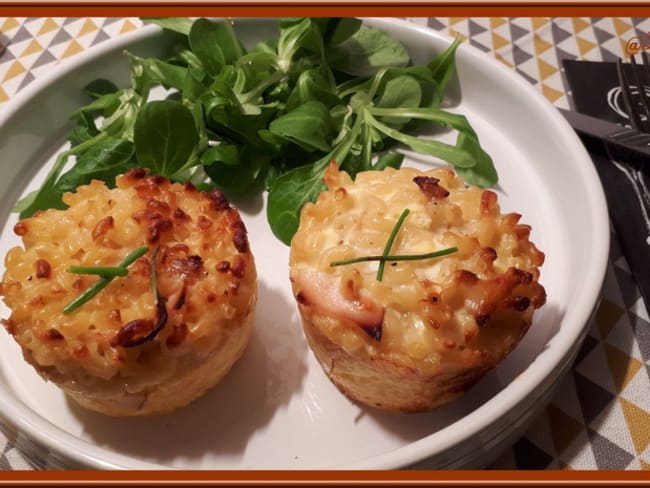 Muffins de coquillettes, poulet et Comté