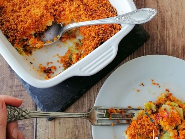 Gratin de cabillaud, poireaux et crumble de chorizo