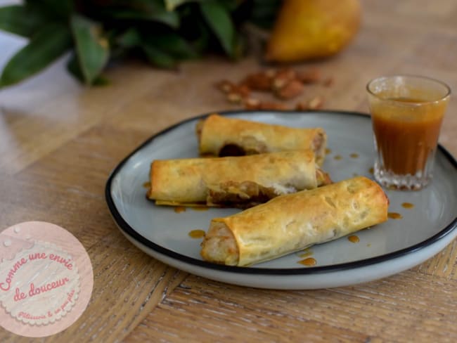 Cigares croustillants poire frangipane noix de pécan et caramel beurre salé