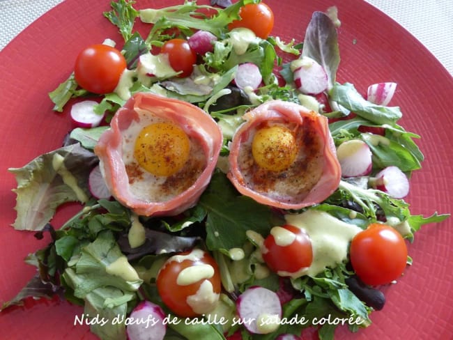 Nids d'œufs de caille au lard sur salade colorée