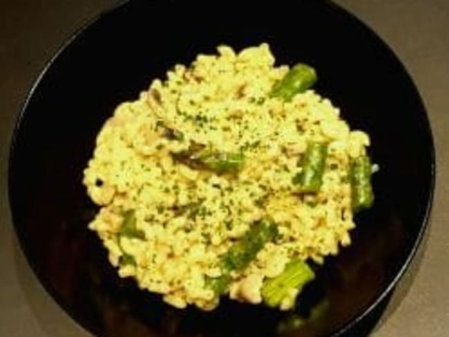 Risotto coquillettes, asperges vertes et champignons