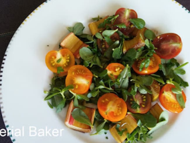 Salade de pourpier, tomate et rhubarbe rôtie au vinaigre balsamique