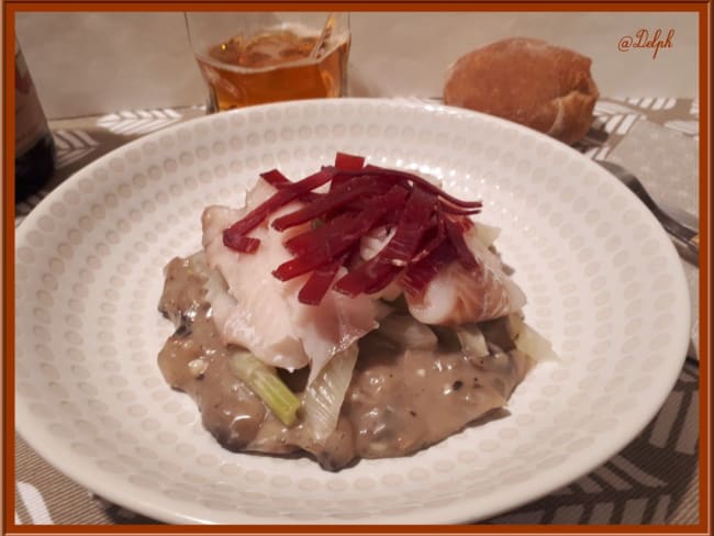 Fenouil à la crème de champignons et cidre accompagné d’un filet de colin et son effiloché de viande de grison