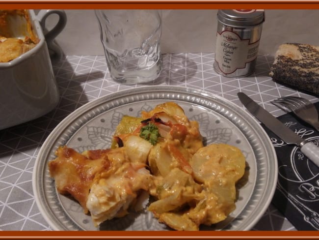 Gratin de poireaux, carotte, pommes de terre et cabillaud