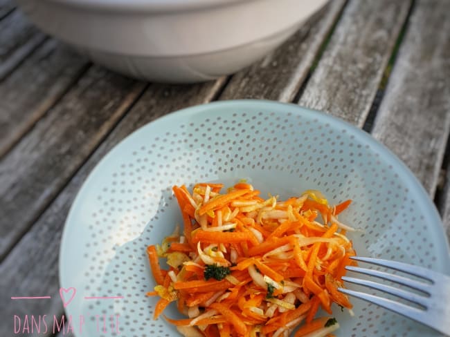 Salade de carottes et d’endives, sauce au miel et gingembre