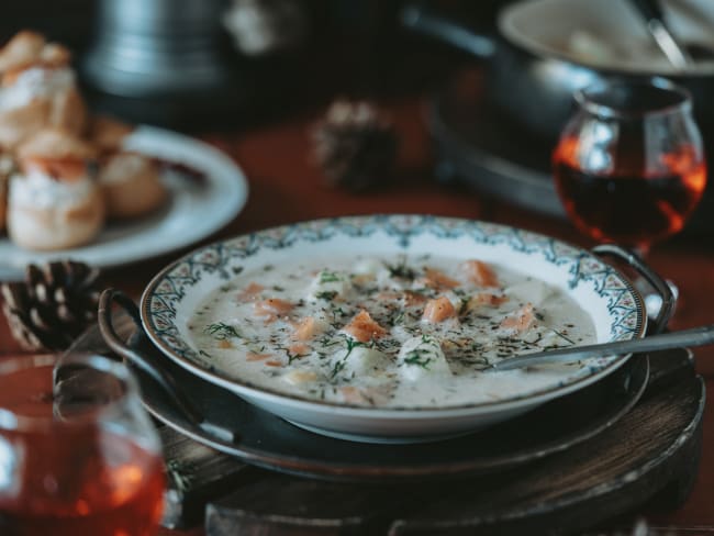 Soupe de poireaux pommes de terre et saumon fumé