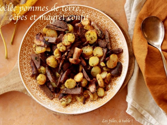 Poêlée de pommes de terre, cèpes et magret confit