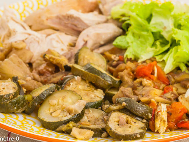 Poulet rôti, courgettes aux épices, châtaignes et cèpes aux poivrons