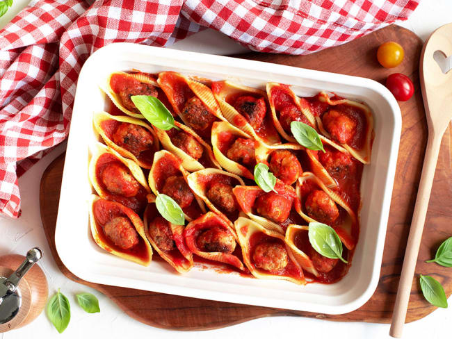 Pâtes conchiglioni farcis boulettes porc sarrasin