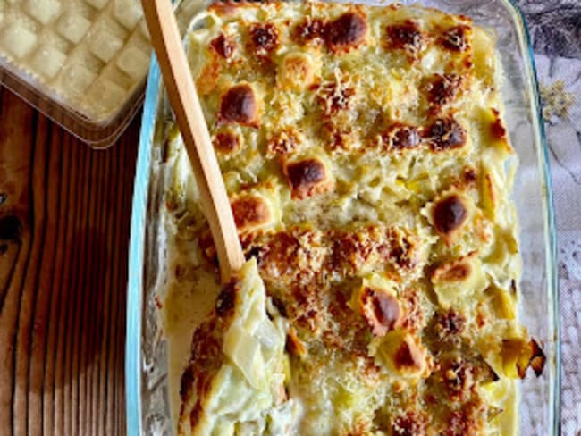 Gratin de ravioles du Dauphiné aux poireaux