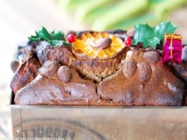 Cake de Noël sans gluten ni lait ni sucre ni levure, avec sous sans œuf