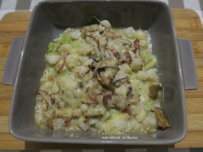 Gratin de ravioles du Dauphiné aux pétoncles, champignons et lardons pour les fêtes