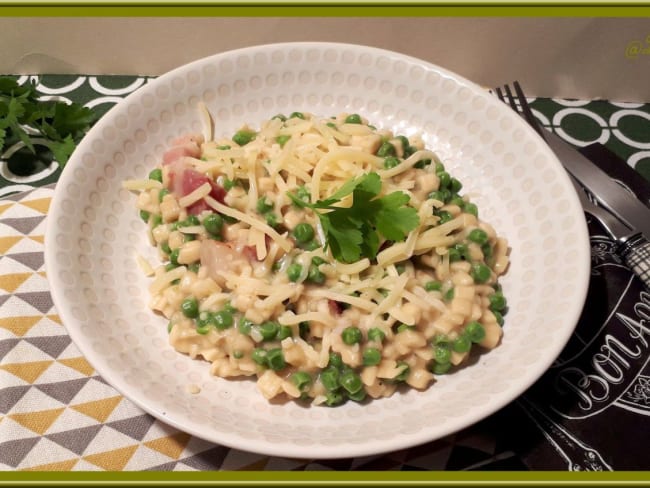 Crozetto à la poitrine fumée et petits pois