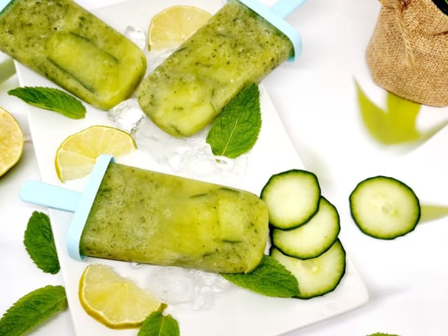 Popsicle concombre citron vert et menthe sans gluten sans lactose