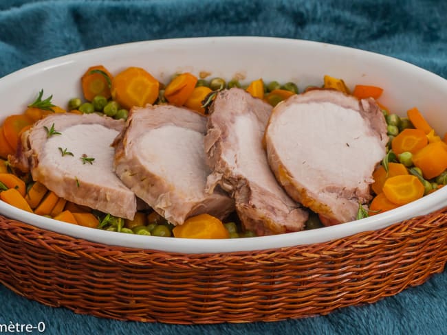 Rôti de porc, cuisson basse température aux légumes de printemps