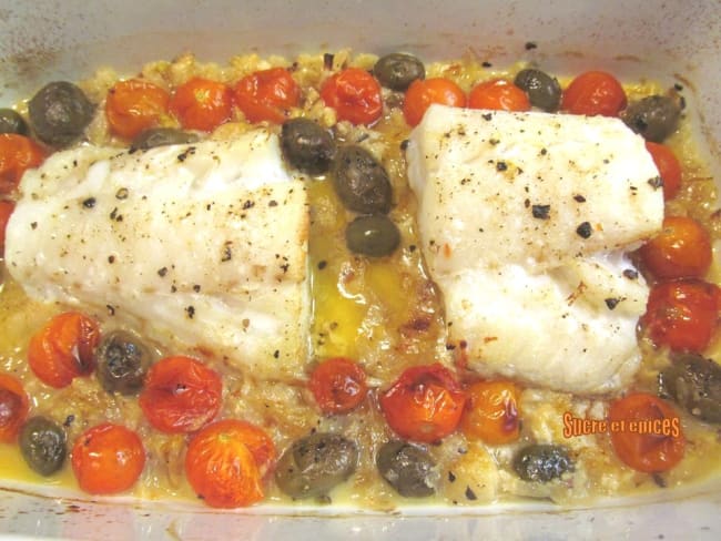 Filets de cabillaud aux tomates cerises et olives (poisson)