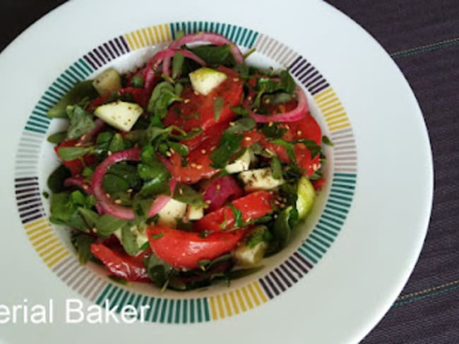 Salade de pourpier, tomate, oignon rouge et concombre au zaatar