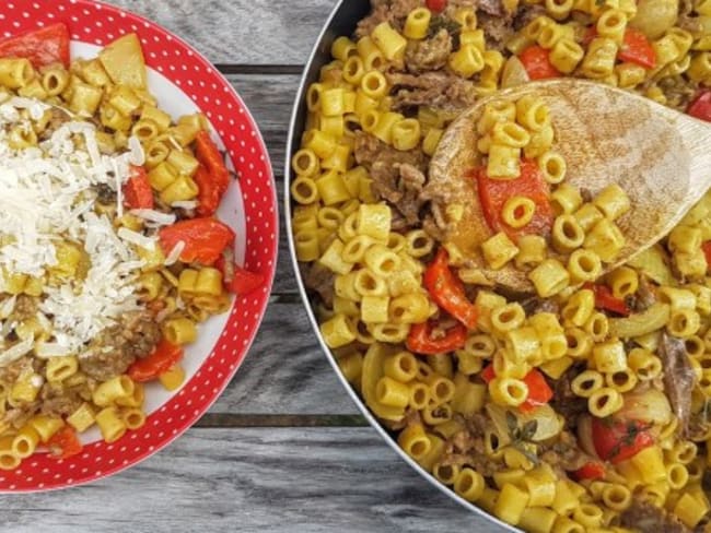 One pot pasta, viande de boeuf hachée anchois