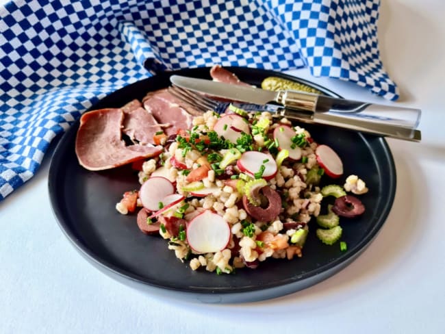 Salade d'orge perlé à la sicilienne (oignons, olives, radis...)