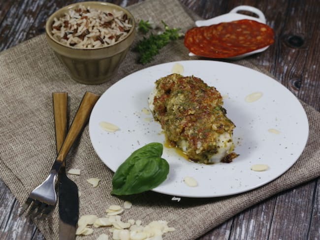 Filet de merlan en croûte de chorizo et basilic