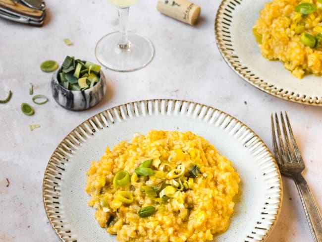 Risotto à la citrouille, poireaux et huile de truffe