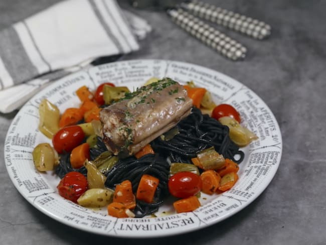 Roussette vapeur persillade et petits légumes (ou saumonette)