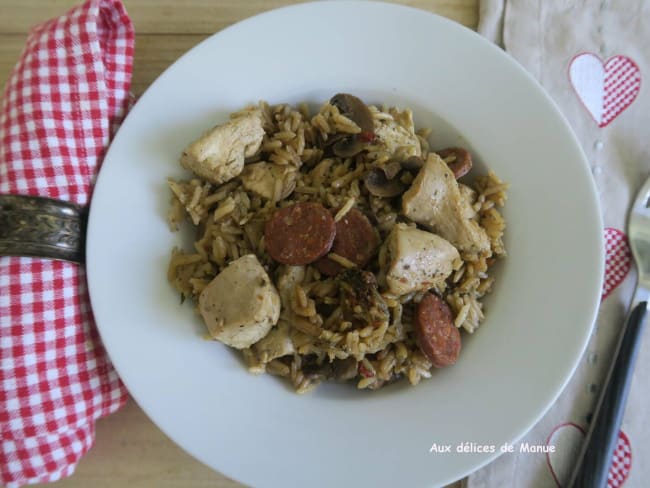 Blancs de poulet au riz, champignons et chorizo