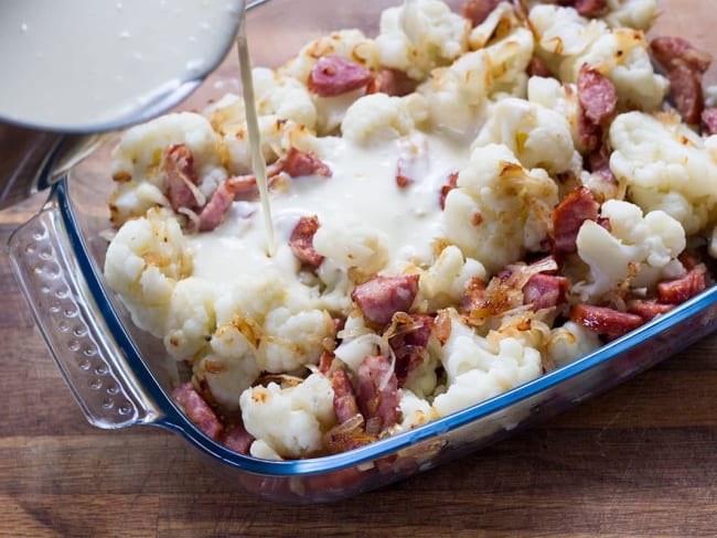 Gratin de chou-fleur à la saucisse, sauce Mornay