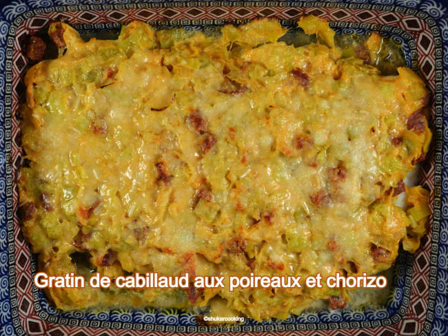 Gratin de cabillaud terre-mer aux poireaux et chorizo