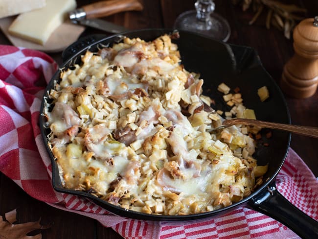 Gratin de crozets aux poireaux et au jambon