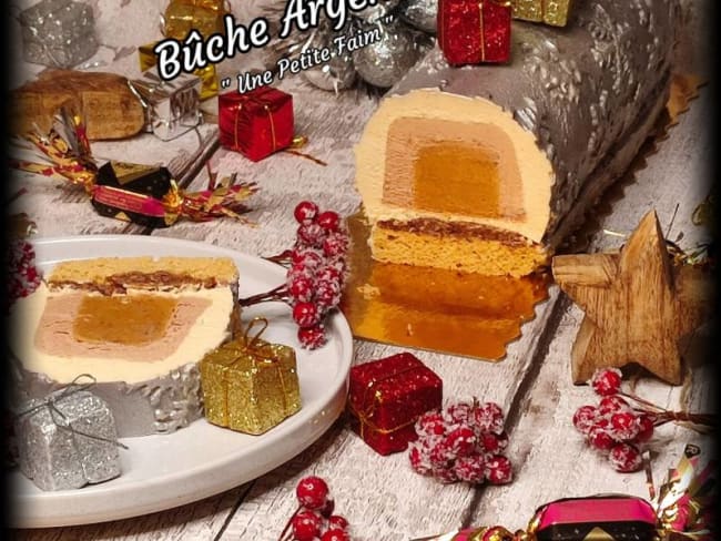 Bûche de noël argentée aux inserts praliné et chocolat au lait