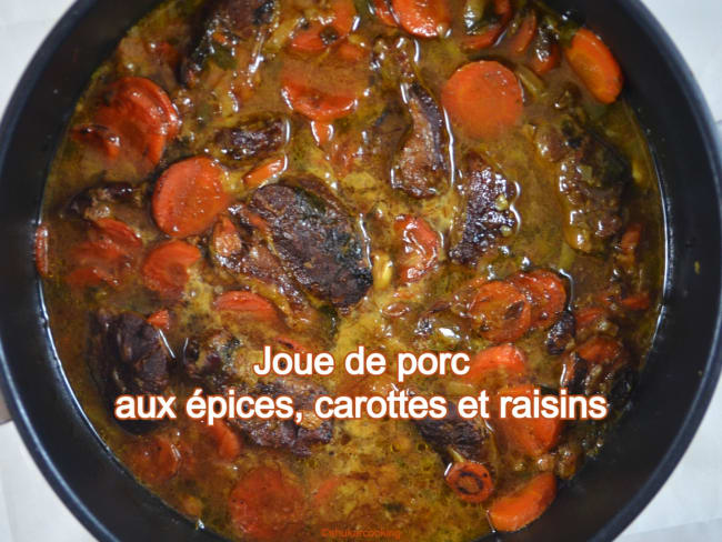 Joue de porc mijotée aux épices, carottes et raisins