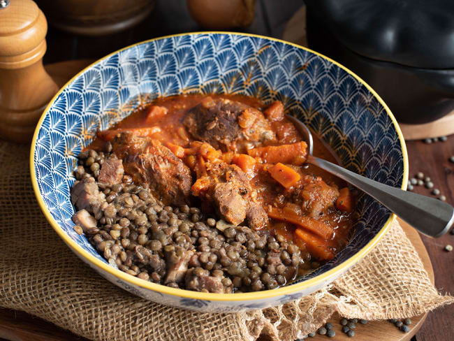 Joues de porc et lentilles aux lardons, au four à basse température