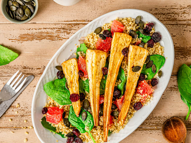 Salade vitaminée de panais rôtis au sirop d’érable et sa vinaigrette pamplemousse