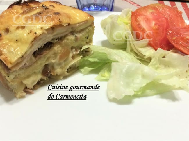 Croque cake gourmand au filet de poulet fumé et jambon cuit à la broche