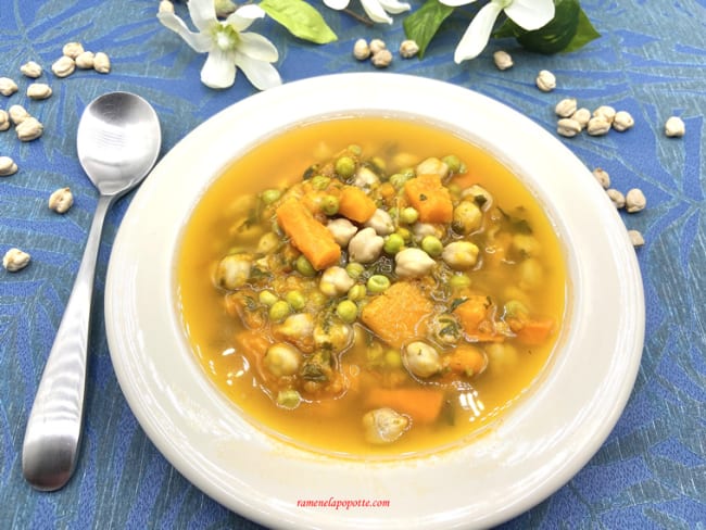 Soupe de pois chiches et légumes en sauce tomate