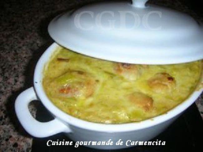 Cassolette de cabillaud et noix de St Jacques et son fondant de poireaux à la béchamel