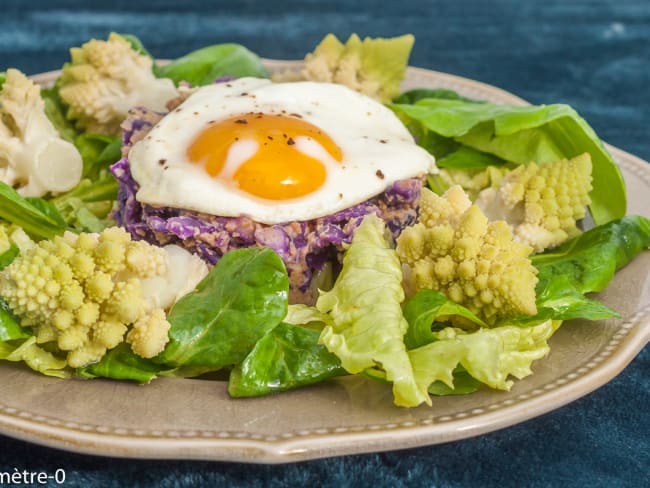 Salade végétarienne de chou rouge et chou romanesco aux oeufs