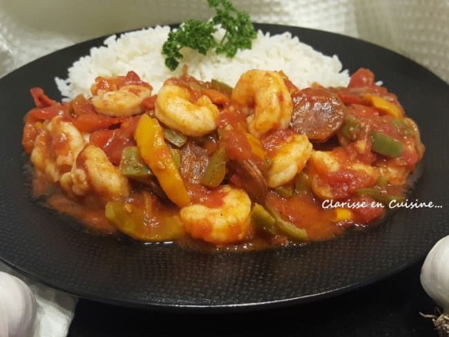 Crevettes à l’espagnole aux tomates, poivrons et chorizo