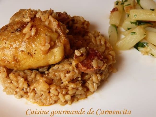 Cuisse de poulet en cocotte au risotto de chorizo