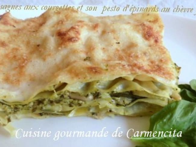 Lasagnes aux courgettes et son pesto d'épinards au chèvre frais et pignons