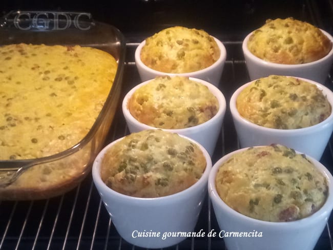 Flans de petits pois au céleri rave coeur de blé et chorizo à servir en entrée chaude