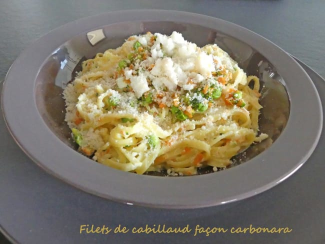 Filets de cabillaud façon carbonara et tagliatelles fraîches