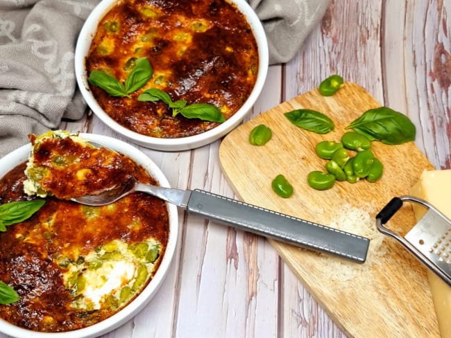 Clafoutis de fèves au basilic et parmesan