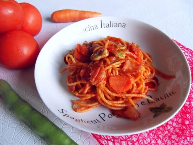 Spaghetti all’amatriciana aux fèves