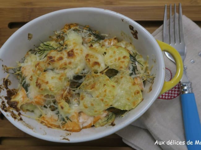 Gratin de pommes de terre au saumon, truite fumée et fromage de chèvre